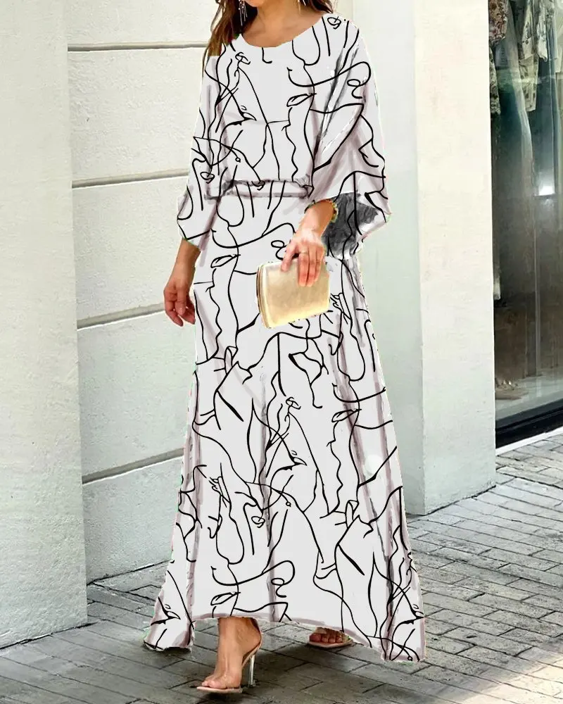 

Printed Long Lantern Sleeve Shirts top Elegant Spring Dress Fashion Casual Business Skirt Women Office Suit Beach 2 Piece Set