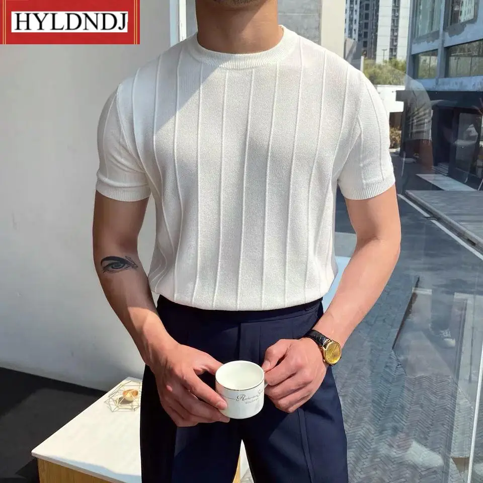 

Men Summer New Short Sleeve T Shirt for Men Clothing Streetwear Round Neck Solid Casual Slim Fit Knitted Tee Shirt Homme