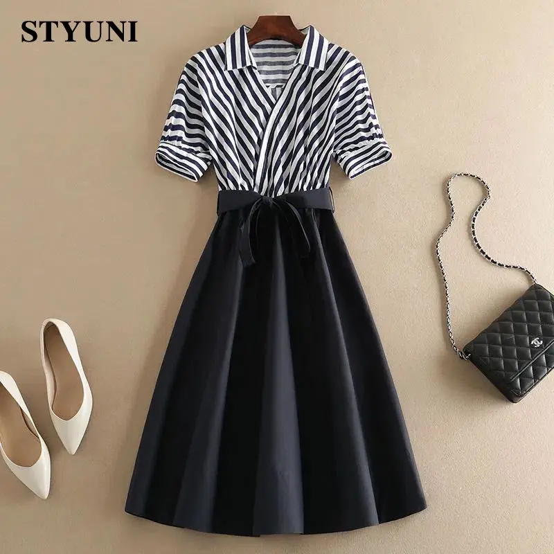 

Striped Vintage Lace Up Polo Neck A-Line Loose Women's Dress Korean Fashion Short Sleeve Knee-Length Dresses For Women 2023
