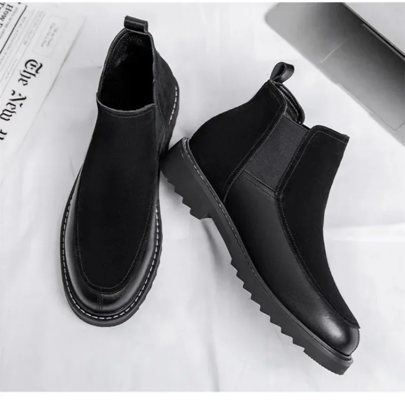Зимние мужские плюшевые теплые ботинки челси из натуральной кожи модные