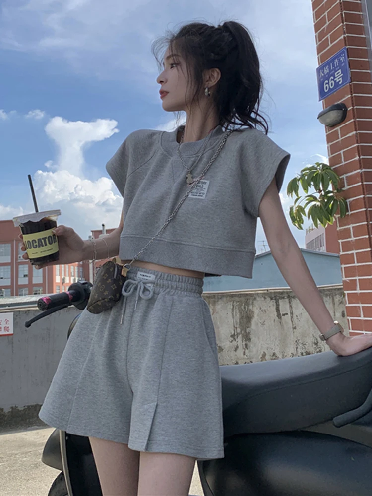 

Casual Shorts Sets Women Fashion Loose Crop Tops High Elastic Waist Drawstring Split Wide Leg Short Pant Summer Two Pieces Suits