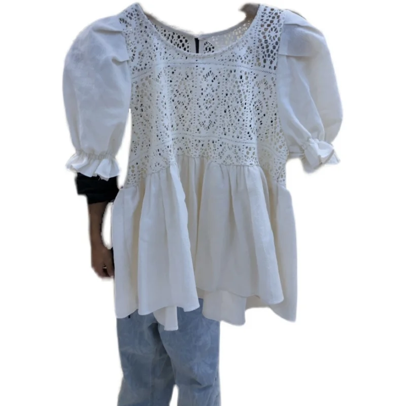 

VANOVICH Korean Style 2022 Summer New O-neck Lace Hollow Out Patchwork Puff Sleeve Shirt Solid Color Sweet Fashion Casual Top