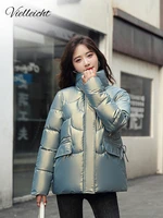 vielleicht new 2022 glossy stand collar cotton padded winter jacket women short casual autumn winter clothes student coat female
