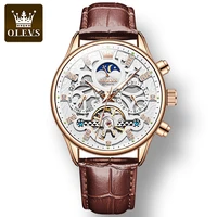 olevs 6658 waterproof automatic mechanical watches for men hot style great quality genuine leather strap fashion men wristwatch