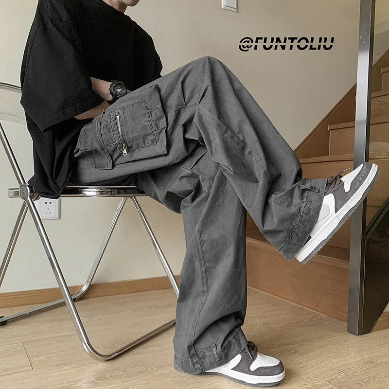 

Осенние мужские однотонные брюки-карго 2023 Harajuku с эластичным поясом и боковым карманом уличные брюки мужские повседневные мешковатые длинные брюки в стиле хип-хоп