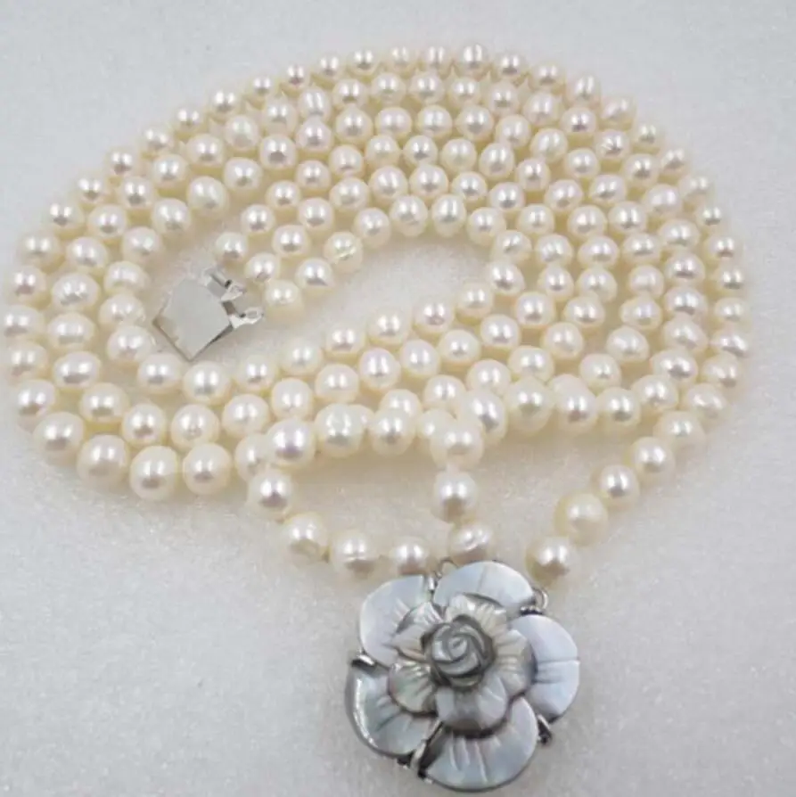 

3 row 8mm White potato round freshwater pearl necklace