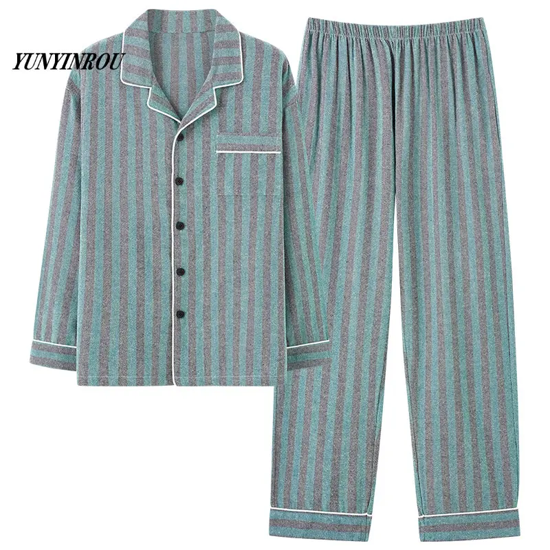 

Весна Осень HQ тканые хлопковые мужские пижамные комплекты пижамы полосатая одежда для сна Домашняя одежда синяя одежда для сна PJ костюм пижамы для мужчин Мода