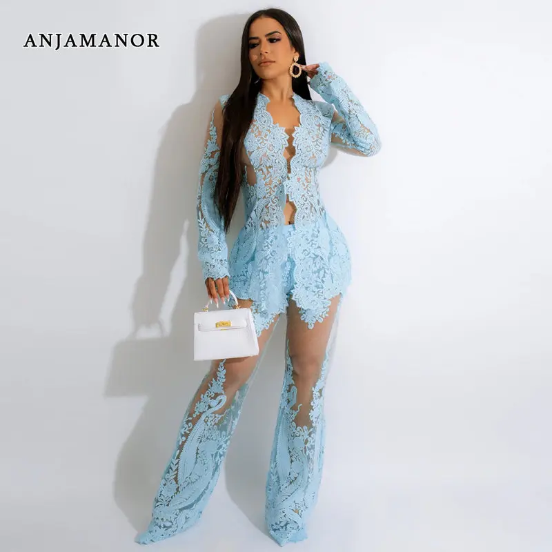 

ANJAMANOR Sexy Womens 2 Piece Sets Fall 2023 Embroidered Lace Mesh See Through Blazer and Wide Leg Pants Club Outfits D57-AAE45