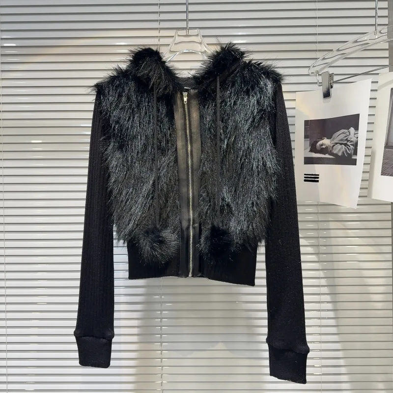 DEAT женские свитера черного цвета с капюшоном в стиле пэчворк плюшевый вязаный