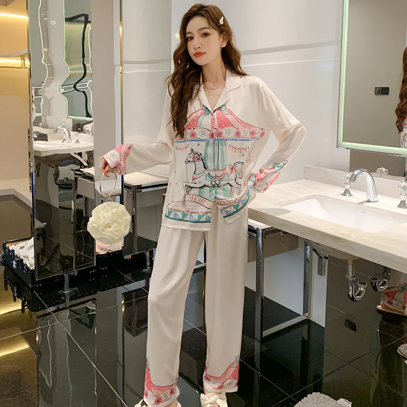 Pajamas Women's Ice Silk 2023 Spring New Long Sleeve Trousers Suit Cartoon Dream Rotating Carriage Home Wear