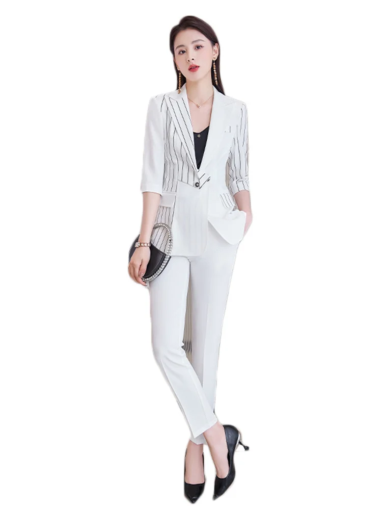 

Пиджак женский весенне-летний, новый, модный, в полоску, с коротким рукавом, темпераментный, тонкий, офисный, Блейзер, женская одежда