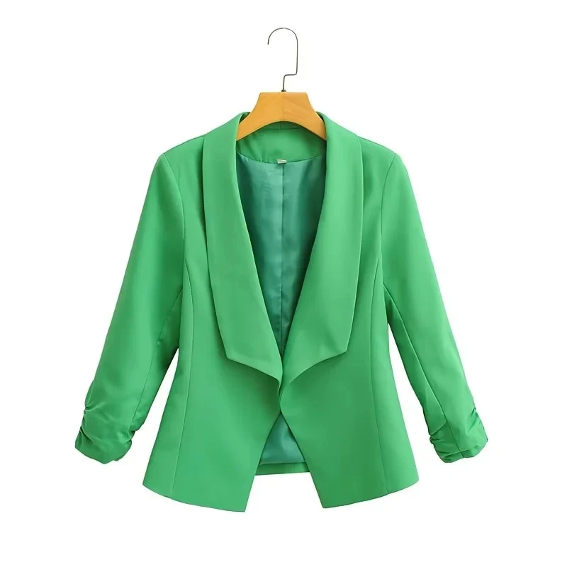 Maxdutti Fashion Candy Color Solid Shawl Collar Casual Short BlazersTops Roll Up Sleeve Jackets Women