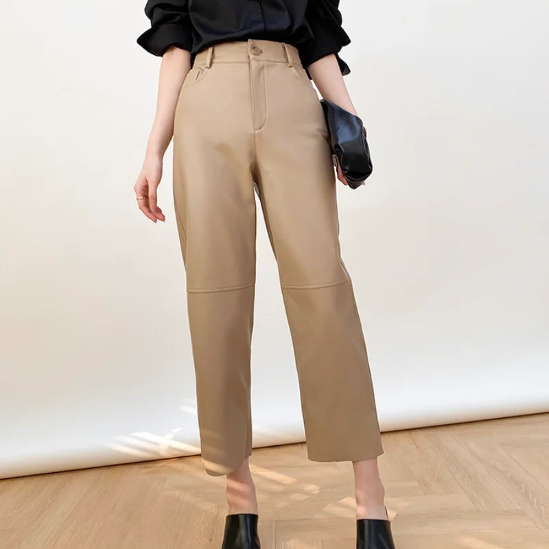 Spring and Autumn Models Casual Trendy Black Leather Trousers Female