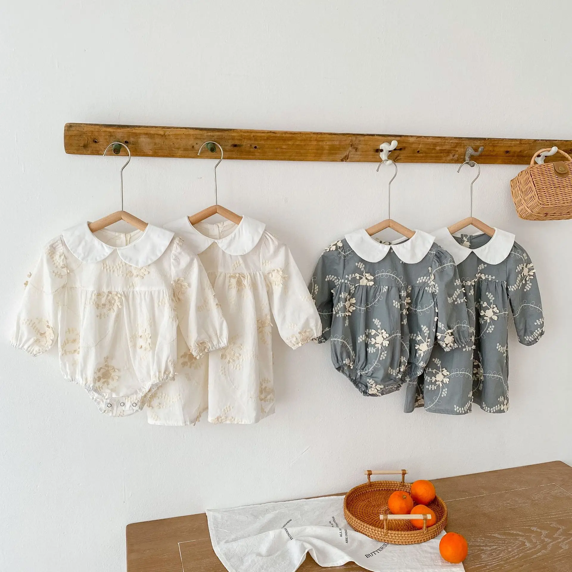 

Baby Girls Clothes Set Long-sleeve Doll Collar Flower Embroidered Dress + Romper Bodysuit Infant Girl Jumpsuit Outfits