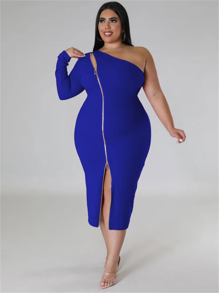 Plus Size Dresses for Women Single Sleeve Elegant Solid Sexy Zipper Maxi Dress New Summer Clothes Whol 3xl 4xl 5xl 6xl