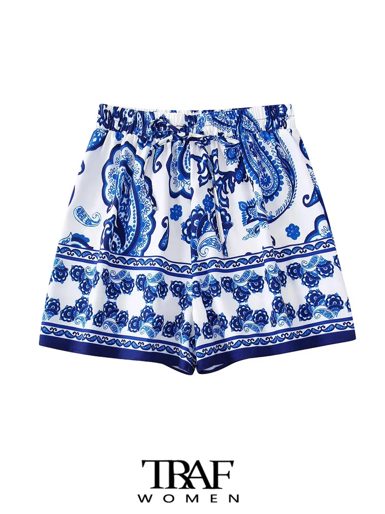

TRAF Women Fashion Paisley Print Shorts Vintage High Elastic Waist With Adjustable Tied Female Short Pants Mujer
