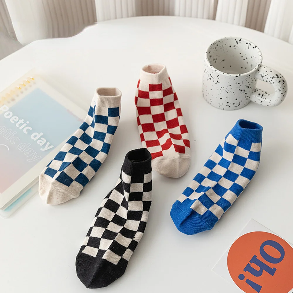 6 Pairs New Hot Fashion Klein Blue Women Socks Shallow Mouth Thin Sweat-absorbing Breathable Japanese Plaid Casual Cotton Socks