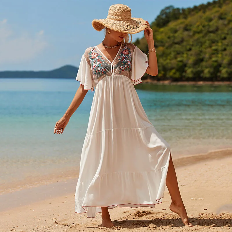 

2022 Mesh Long Bikini Cover Up Beachwear Women Beach Tunic Dress White Anti-UV Kaftan Cotton Bathing Suit Cover-ups Robe Plage