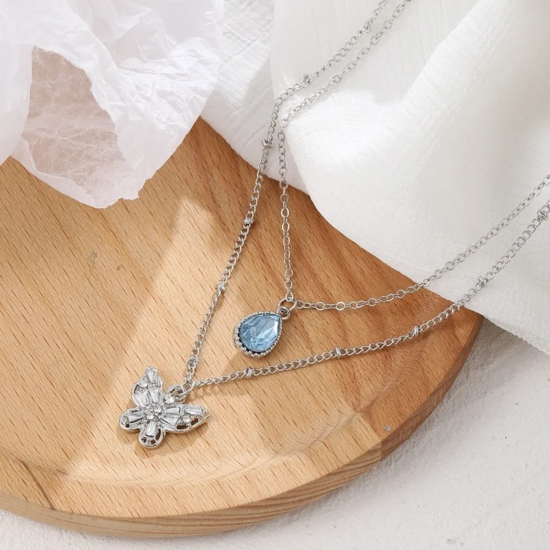 

Blue Rhinestone Butterfly Necklace Double Layer Water Drop Pendant Clavicle Chain for Women Temperament Party Jewelry Trend 2023