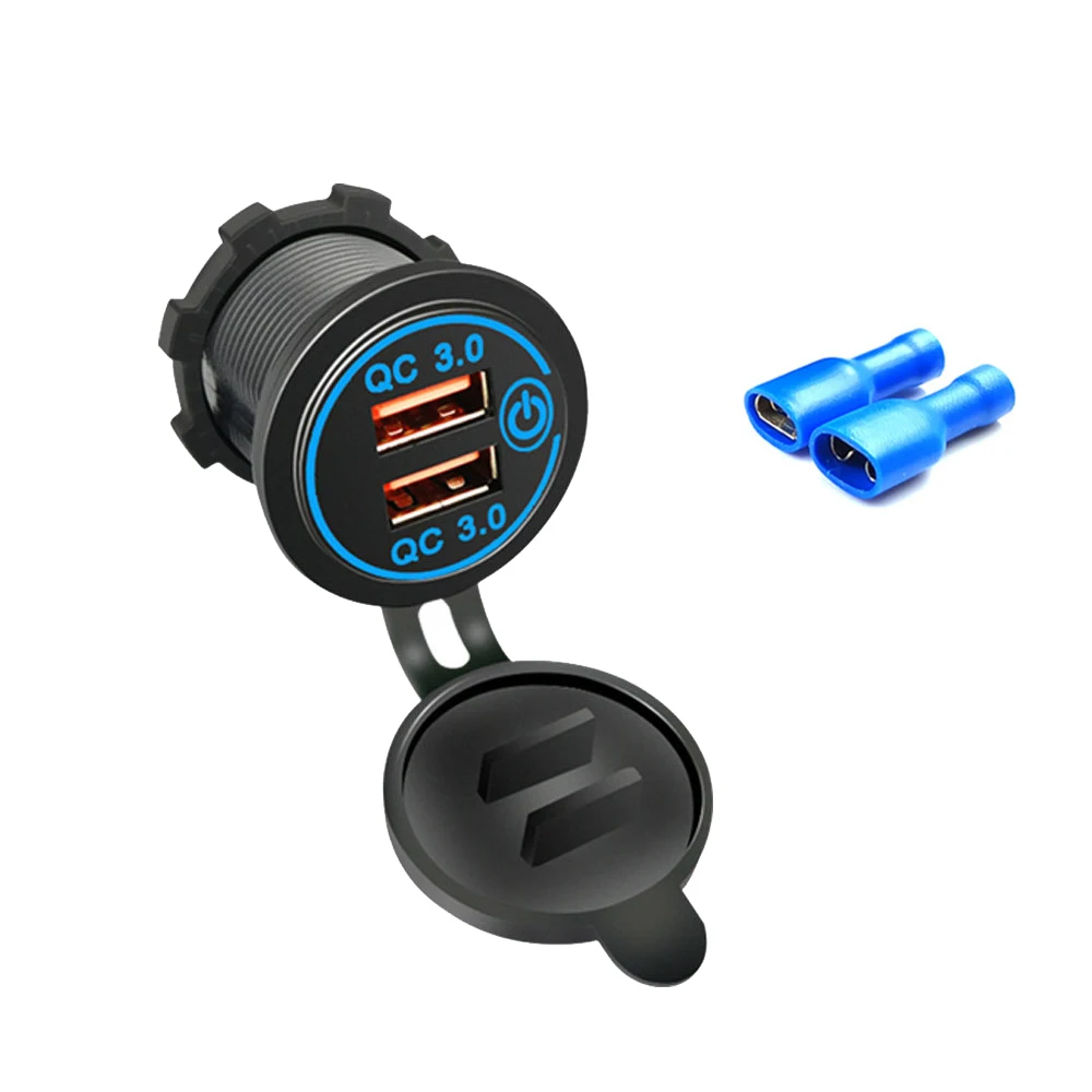 

Автомобильное зарядное устройство с двумя USB-портами для быстрой зарядки QC3.0, розетка прикуривателя, водонепроницаемое быстрое зарядное устройство 12 В/24 В с сенсорным переключателем