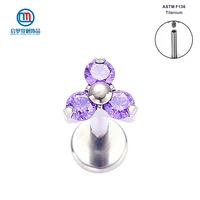 astm f136 titanium internally threaded labret rings with purple zircon trio tops lip stud body piercing jewelry