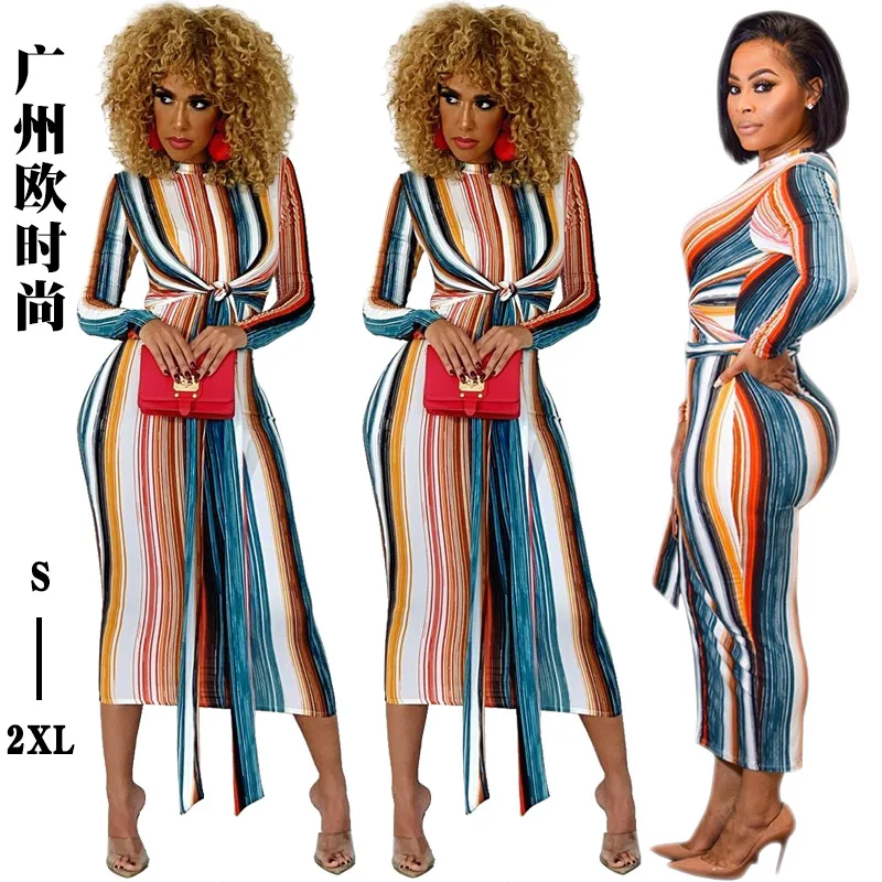 

2022 Summer Women's New Stripe Tight Strap Long Sleeve Medium Dress
