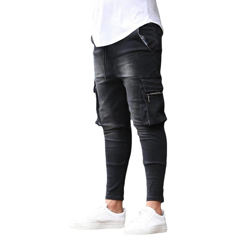 Men's Cargo Jeans Men Slim-Fit Hip Hop Ripped Jeans Man Casual Pencil Denim Long Pants Fashion Streetwear Skinny Jeans Male