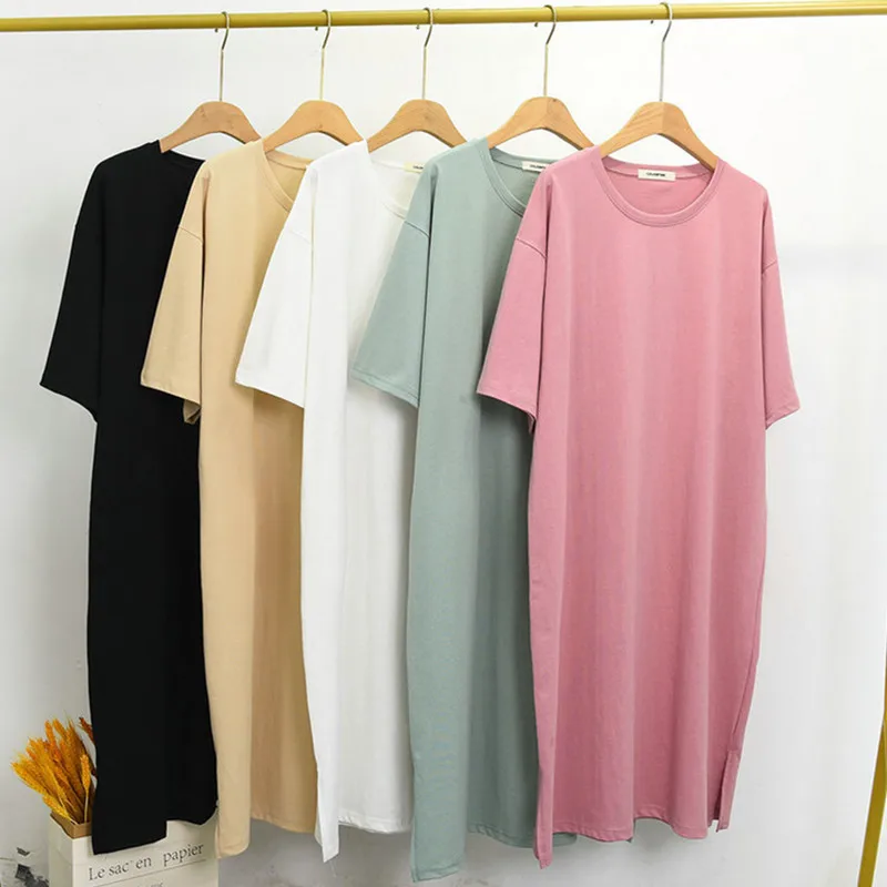 

Spring Summer New Vestidos Cotton Long Dress Women's Nightgowns Loose Short Sleeve Nightdress Simple Korean Ladies Nightshirt