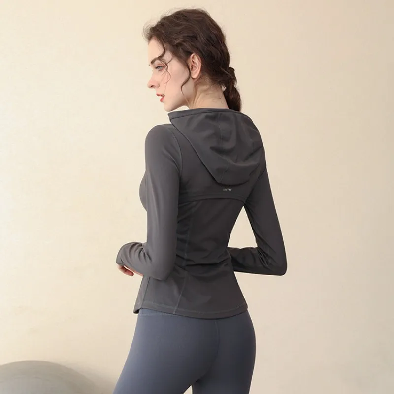 Yoga Suit Summer New Elastic Waist Tight And Breathable Fitness Exercise Yoga Hooded Long Sleeved Running Cardigan Tight Top