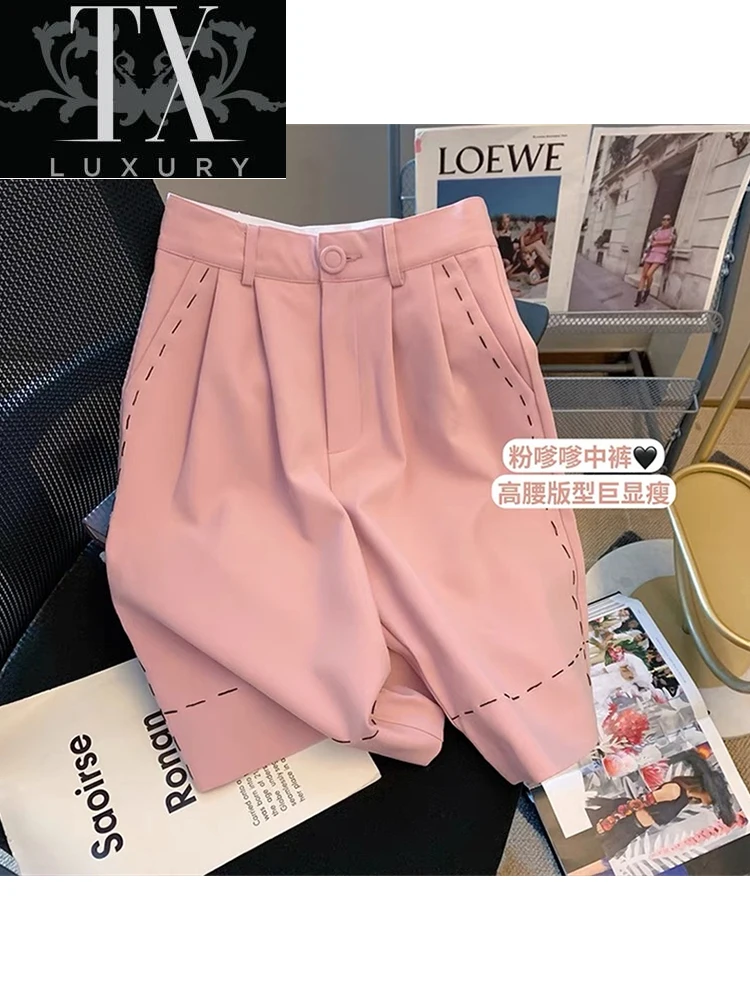 

2022 Shorts Women Korean Style Sweet Pink Harajuku Simple Oversize Elasticity Five Points Trouser Office Lady Summer New