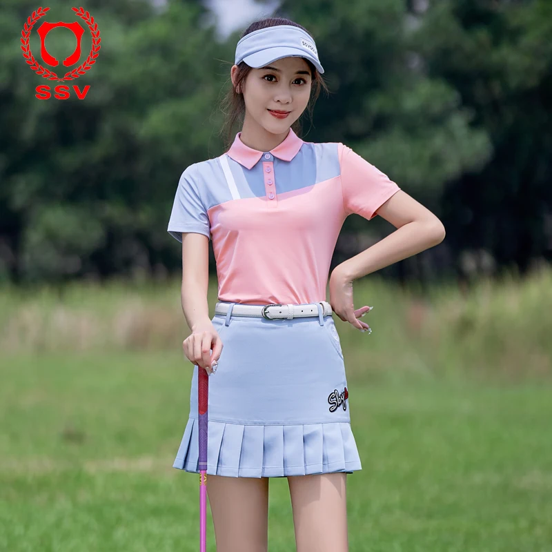 SSV Golf Women's Suit Slim Golf Ladies Shirt Breathable Short Sleeve Splicing POLO Shirt Summer Golf Skirt with Inner Shorts