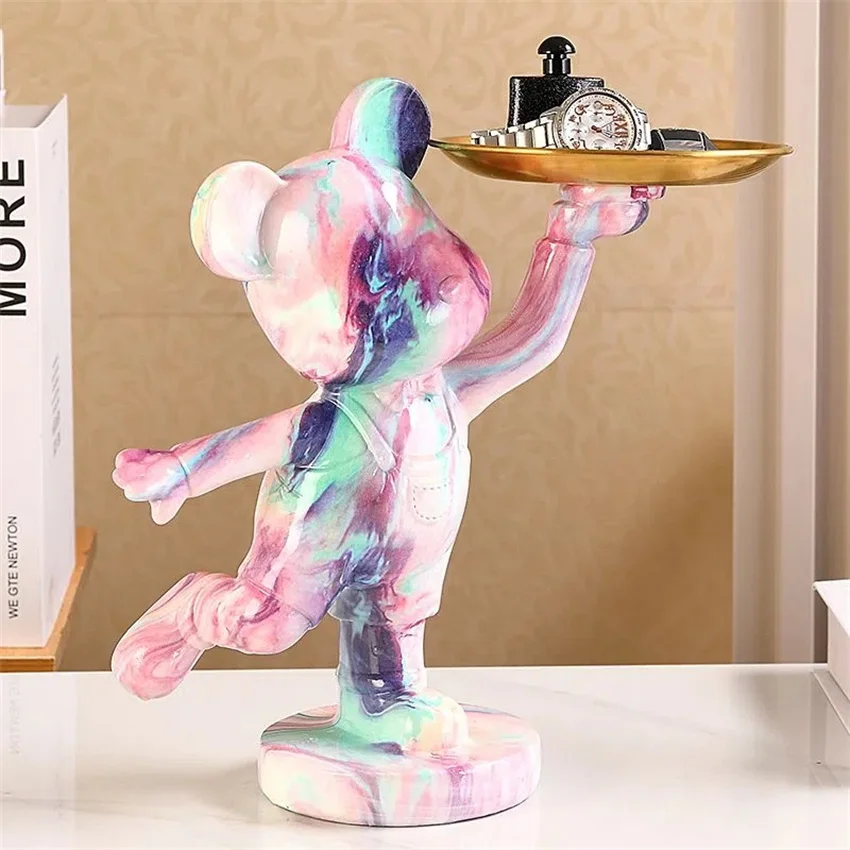 

Artistic Colorful Graffiti Bear Statue with Tray for Living Room Home Decor Sculpture Figurines Storage Plate for Keys Jewelries