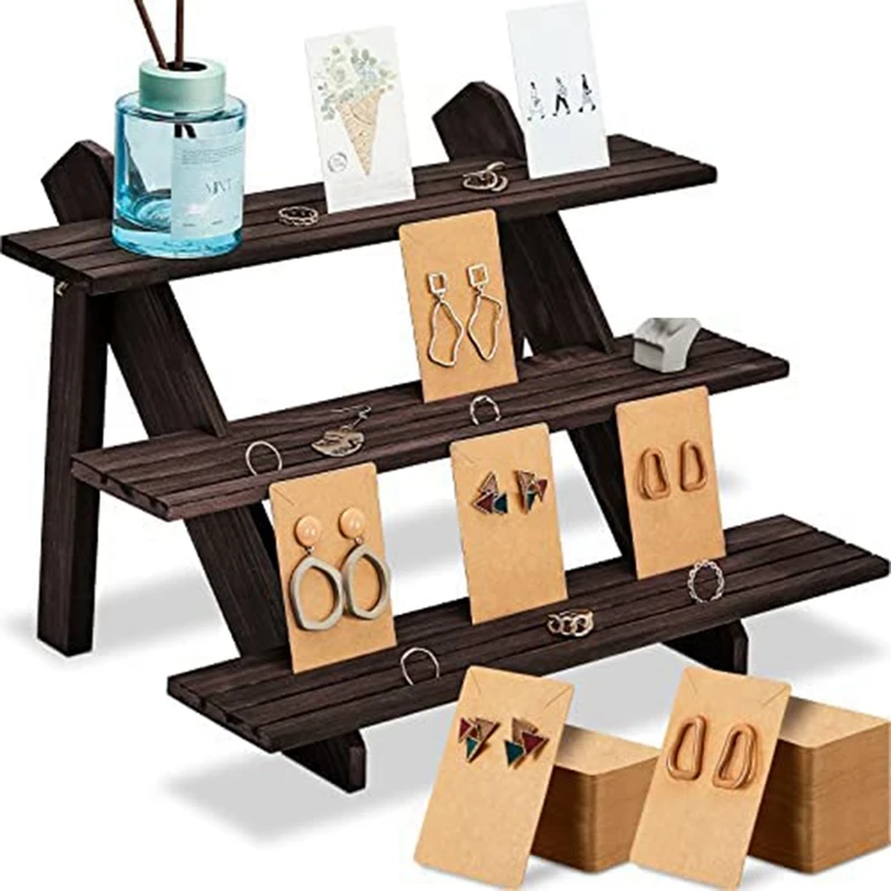 

101Pcs Wood Earring Display Stand Earring Jewelry Display Holder With 100 Pcs Earring Card For Selling Jewelry Organizer