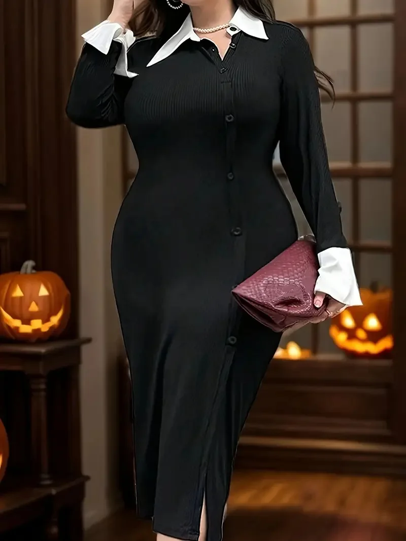 GIBSIE плюс размер черное платье на пуговицах в американском стиле с белым