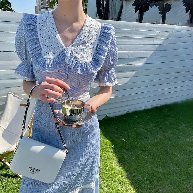 

France Sweet Lace Spliced Stripe Folds Aesthetic Dress Women 2022 Summer New Puff Sleeve Peter Pan Collar High Waist Midi Dress