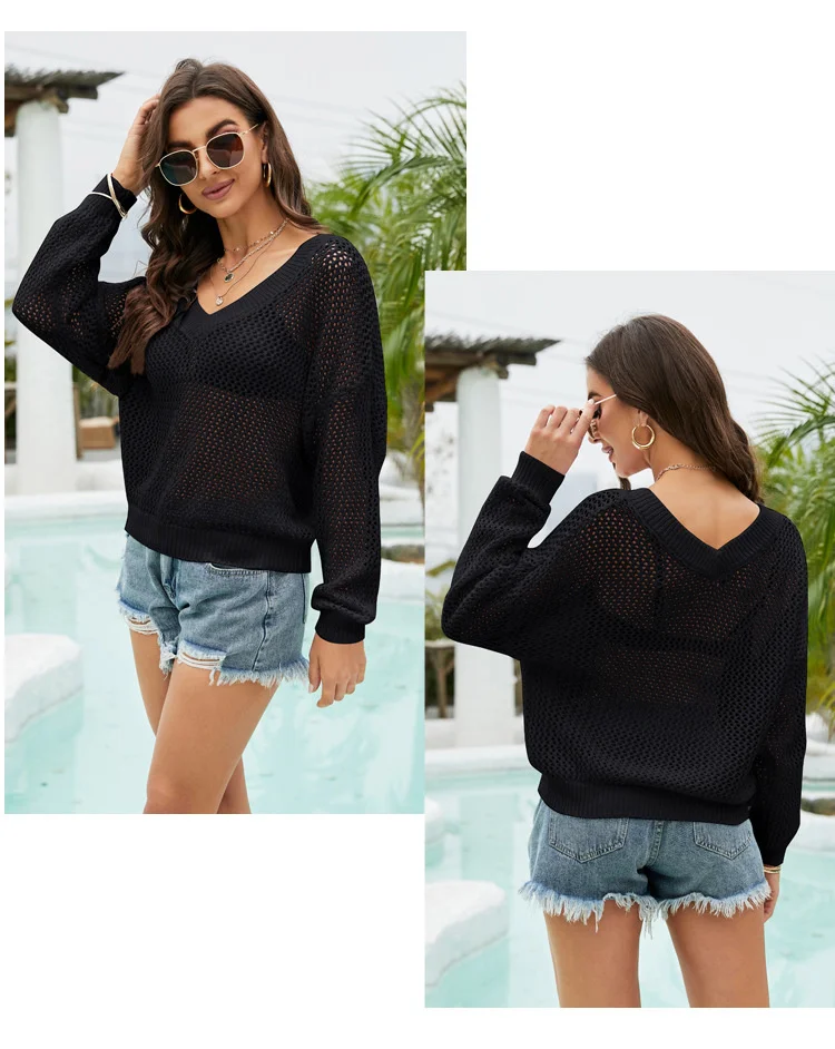 

Элегантный Повседневный Женский пуловер с длинным рукавом, тонкий вязаный Повседневный Свободный пуловер с V-образным вырезом, ажурная вязаная рубашка, весна-лето 2023