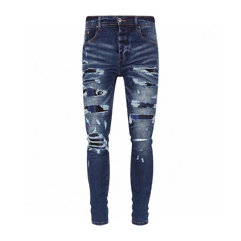 

stylish Distressed demin Skinny Ripped Streetwear Damaged Rhinestones Painted Slim Fit Stretch Destroyed Jeans luxury brand sale