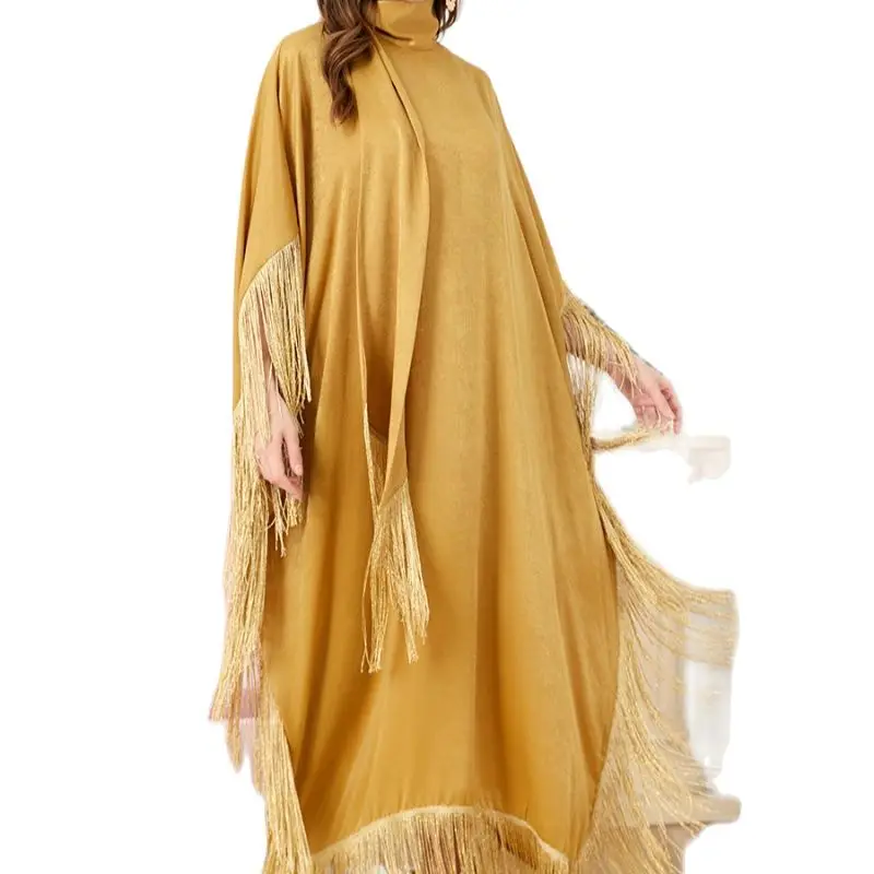 Fringe Kaftan Moroccan Batwing Caftan for Women Soft Satin Patchwork Scarf Batwing Muslim Long Dress Dubai Turkish Modest Abayas