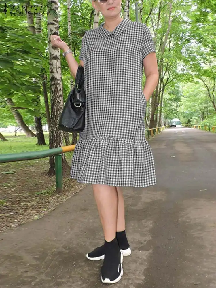 

2023 ZANZEA Woman Elegant Ruffles Hem Vestidos Summer Casual Grid Printed Dress Female Short Sleeve Lapel Neck Dresses Oversized