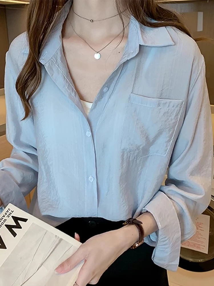 Синяя рубашка женская лето 2024 весенняя свободная большого размера с длинными