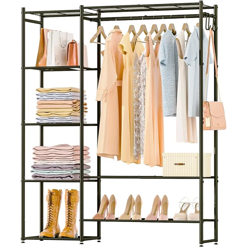 

Clothing Rack with Shelves, Portable Wardrobe Closet for Hanging Clothes Rods, Free Standing Shelves Organizers and Storage