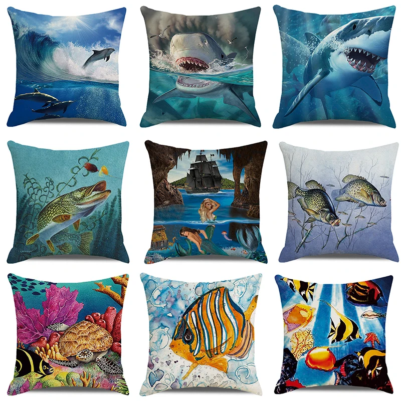 

Square Pillowcase Office Decor Cushion Cover Sea Life Shark Pattern Collection Home Decor Pillowcase