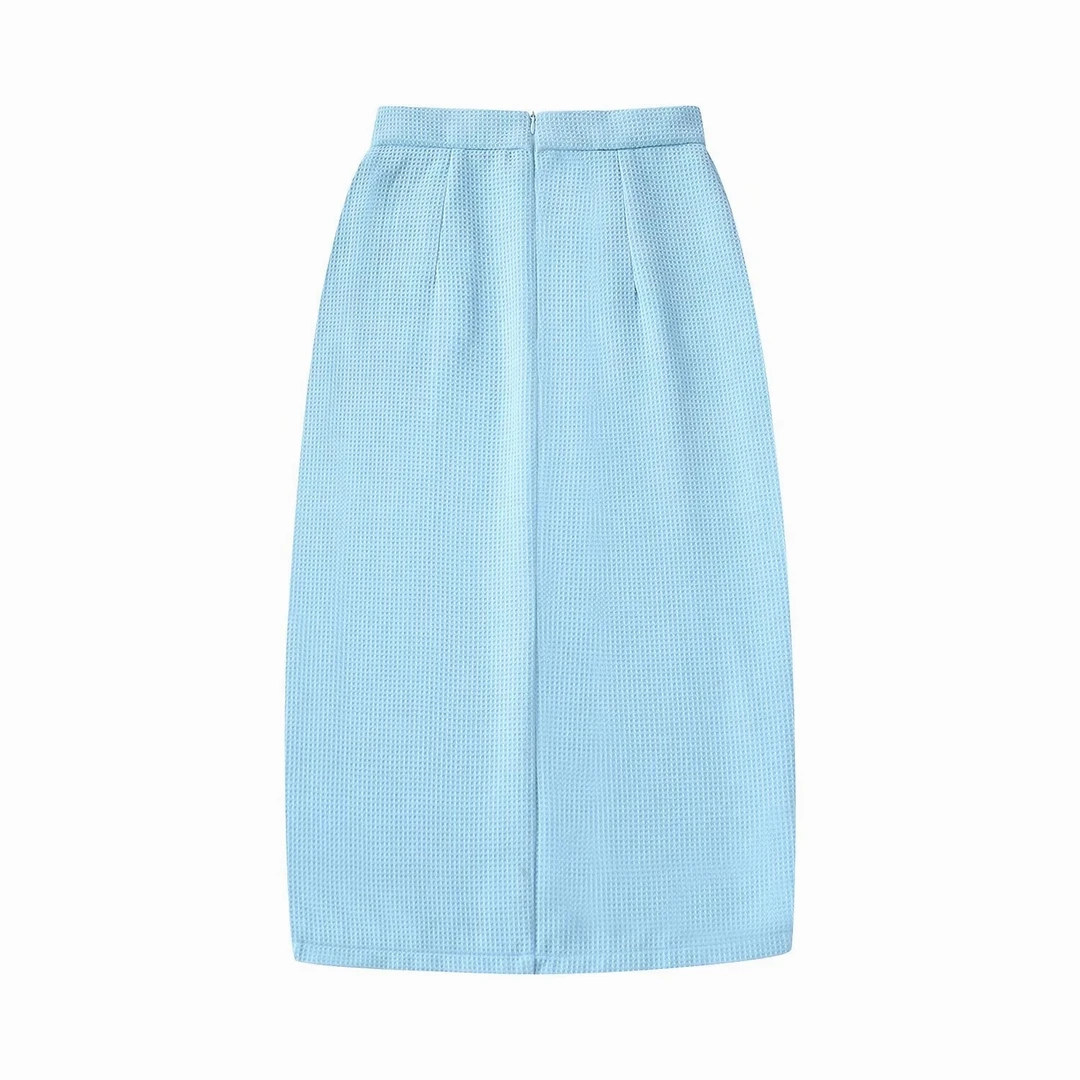

Women Set Clothing Autumn 2022 New Fashion Textured Material Blue Coat Short Sleeve Jacket and Midi Skirt Casual Wears