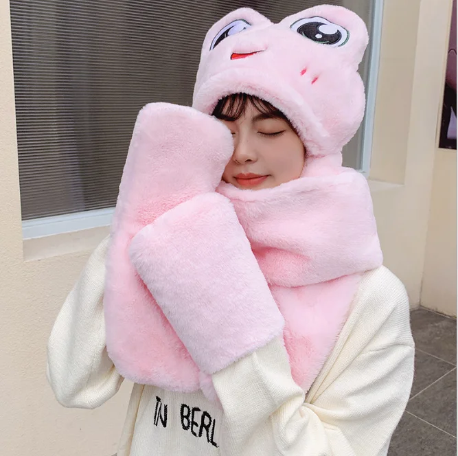 

Plush Hat Female Autumn Winter New Frog Big Eyes Ear Protection Warm Hat Scarf Gloves One Girl Lovely Hat Pink