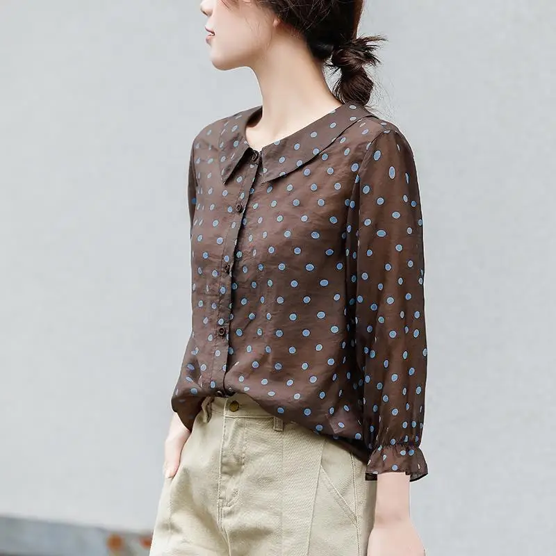 

Women Polka Dot Print Peter Pan Collar Chic Sweet Casual Button Shirts Korean Fashion Loose Top Blouse Blusas Mujer Clothing2023