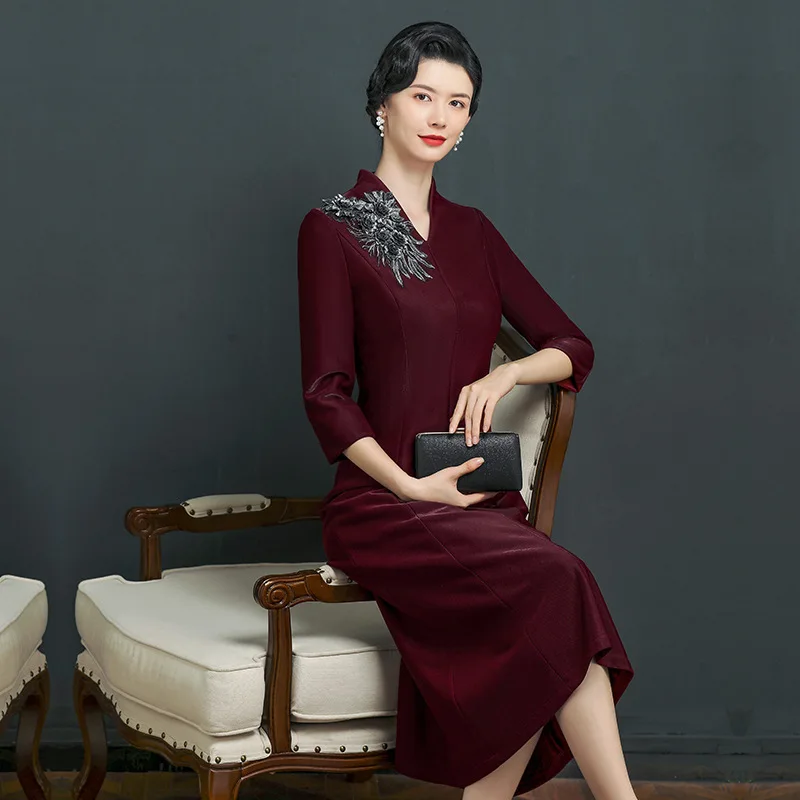 Formal Burgundy Cheongsams Mother of The Bride Dresses Chinese Traditional Qipao Wedding Guest Dresses Women Vestido 2023