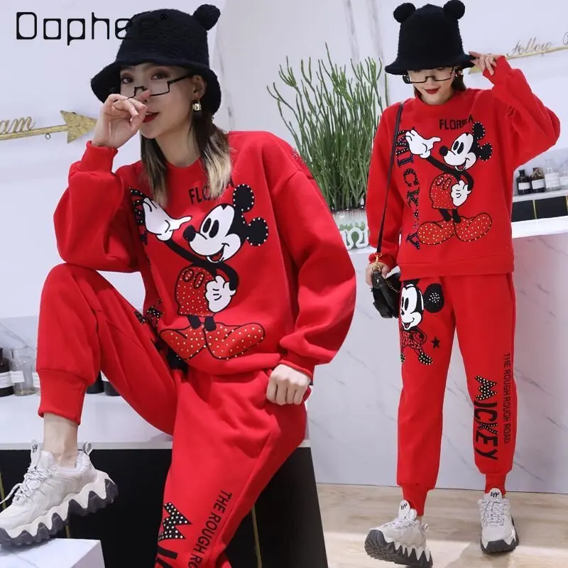 

Spring and Autumn Casual Suit Women's Fashion Cartoon Pullover Long Sleeve Sweater Rhinestone Baggy Track Pants Two-Piece Suit