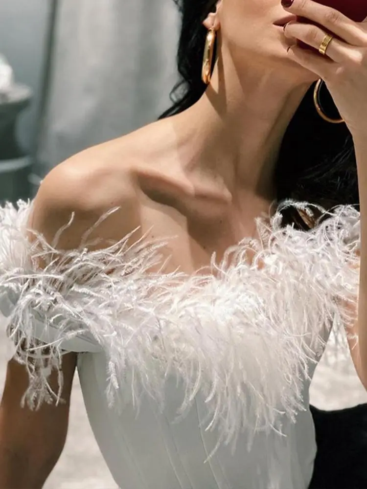 Женский сексуальный однотонный облегающий топ с страусиными перьями женский
