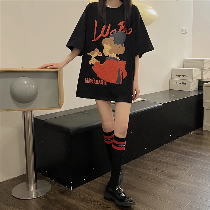 

GG0485 2022 new lower garment missing t-shirt female summer BM style design sense cartoon chic short sleeve top trend
