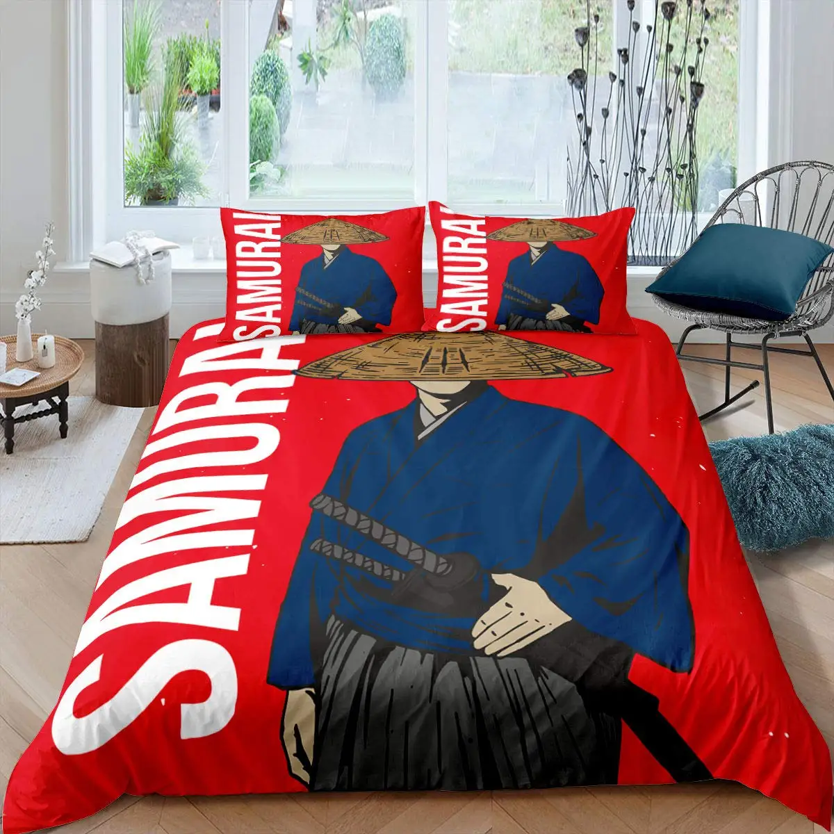 

Japanese Samurai King Queen Duvet Cover Man with Katana Sword Bedding Set Japan Ronin Culture Red 2/3pcs Polyester Quilt Cover